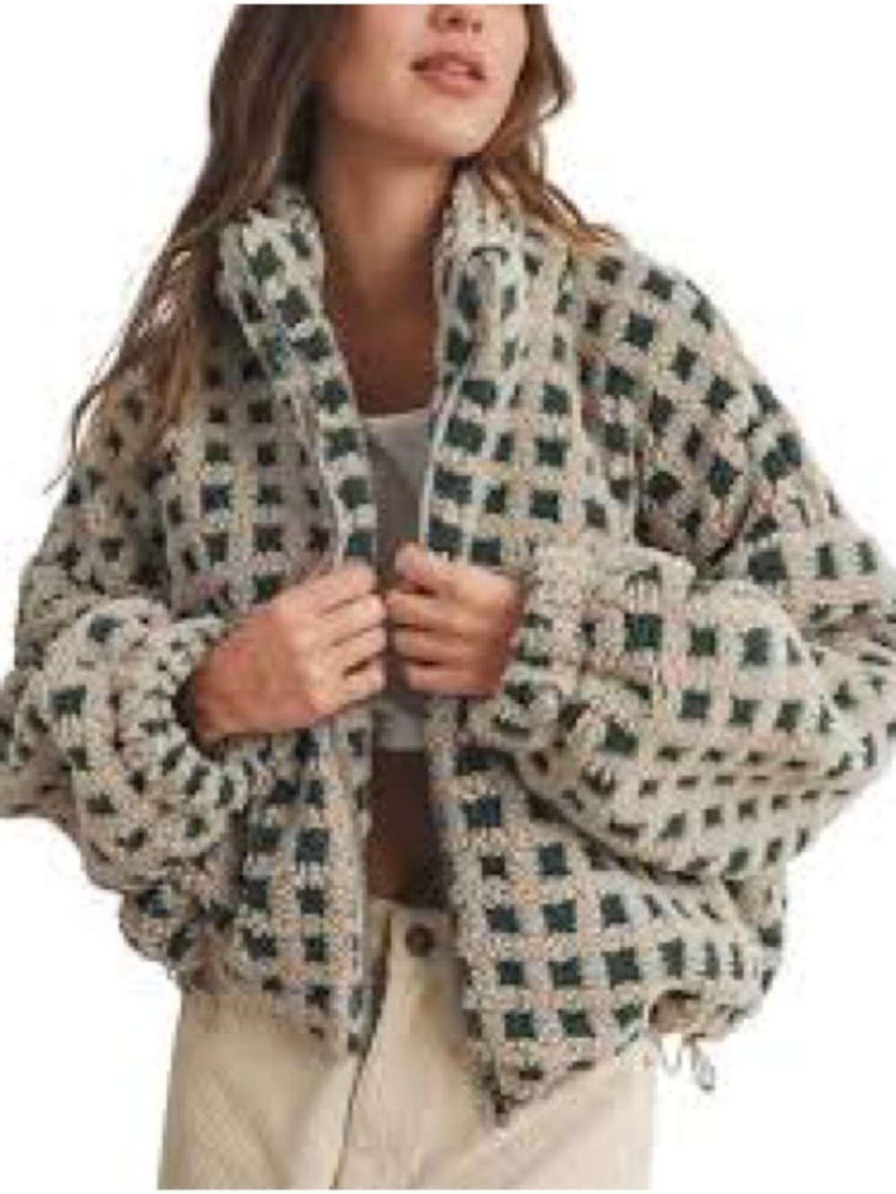 Source Unknown Plush Checkered Teddy Jacket in Cream & Green